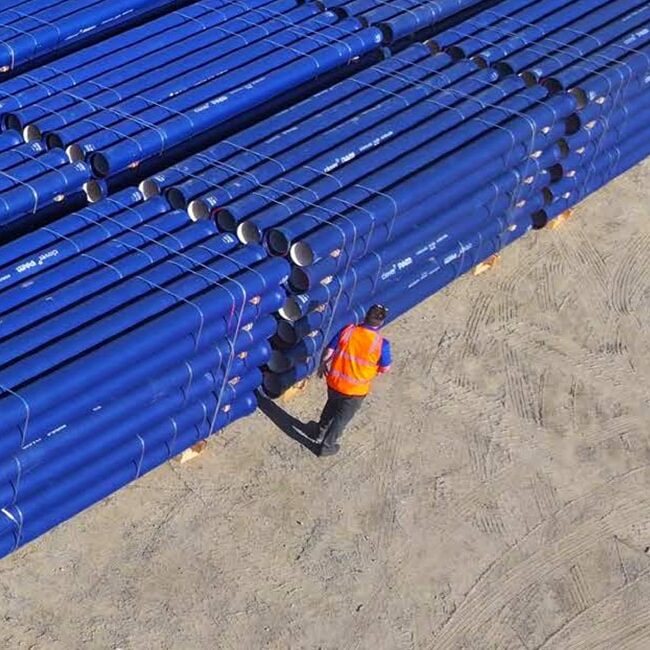 Man in high-vis vest standing next to stacks of ductile iron pipe.